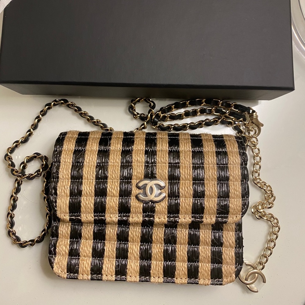 Chanel Mini Waist Belt Bag With Chain Raffia 21P